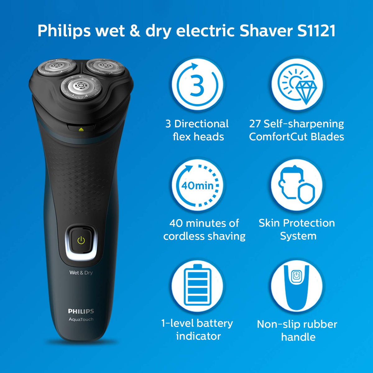 Philips Cordless Electric Shaver, 3D Pivot & Flex Heads, 27 Comfort Cut Blades, Up to 40 Min of Shaving, S1121/45