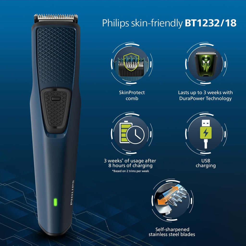 Philips India's No.1 Men's Trimmer* | Skin Safe Beard Trimmer for Men | Durapower tech | Self Sharpening Blades | Skin Protect Comb | 30 min runtime USB charging | No oil needed | 2yr warranty |BT1232