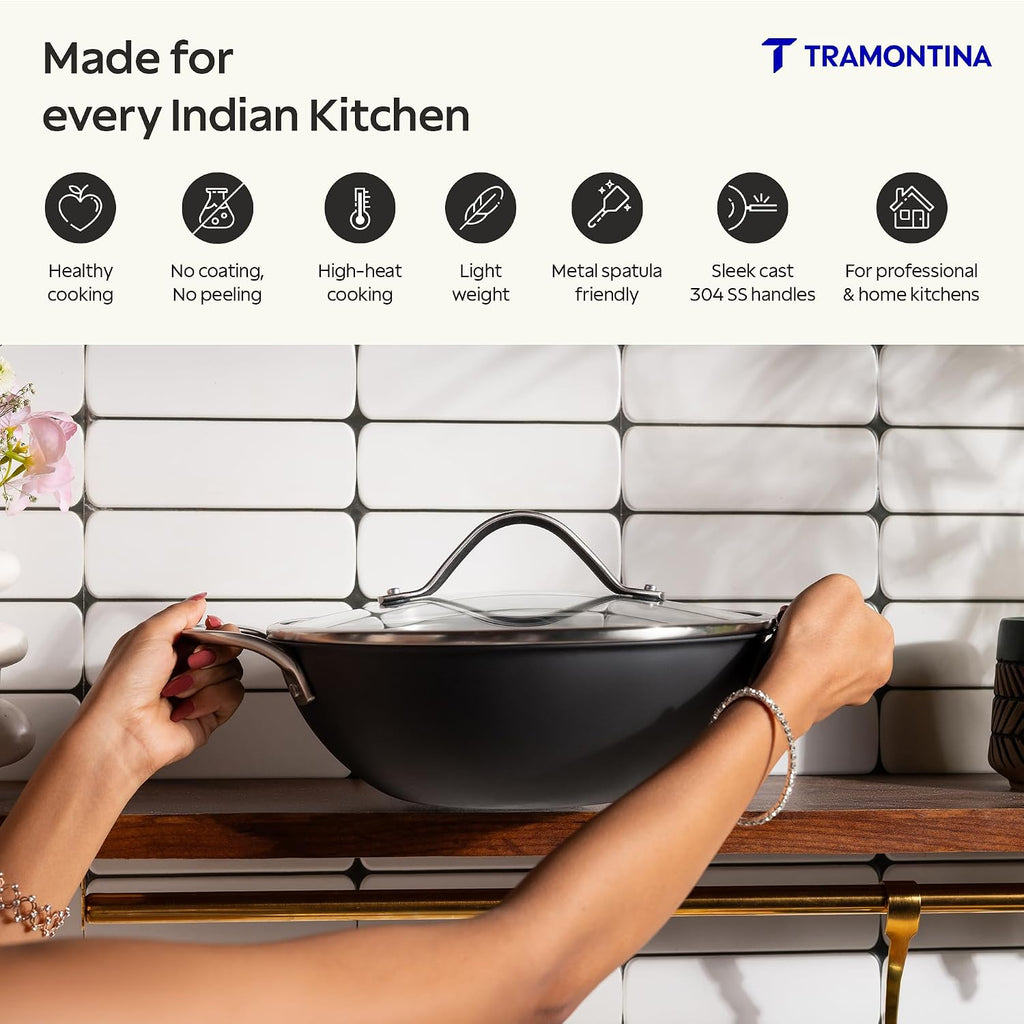 TRAMONTINA Heritage Iron Kadai with Lid 20 cm 1.7 L | Black