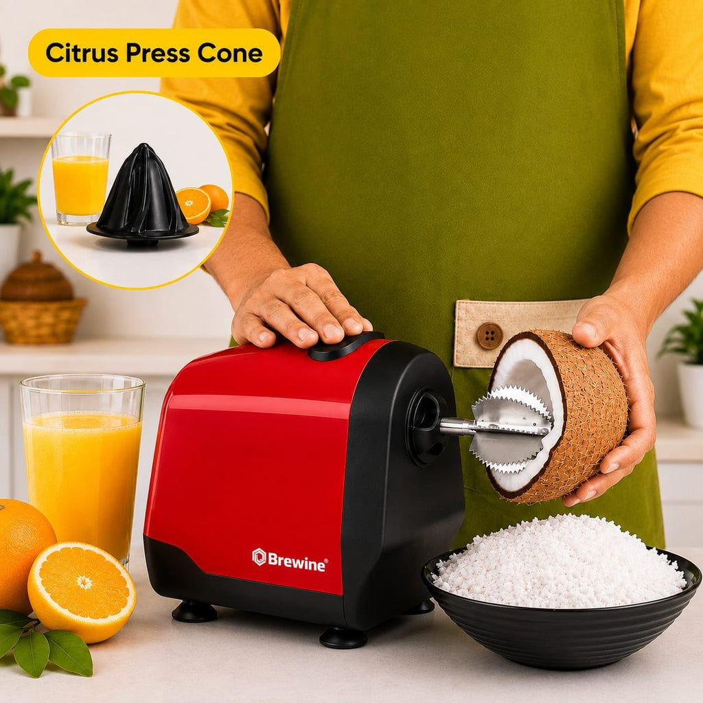 Brewine 2-in-1 Coconut Scraper & Citrus Juicer with Dual Speed Settings, Cooling Fan for Ventilation, Stainless Steel Scraping Blade, Splash Guard, Super Suction Feet for Stability, Red, 200 Watts