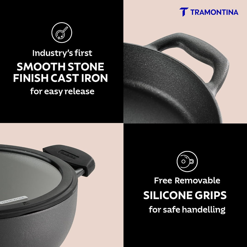 TRAMONTINA TITANEX 30cm / 6.8 L Pre-Seasoned Heritage Cast Iron Deep Kadai with Toughened Glass Lid | Snap-On Silicone Grips | Kadhai for Curry | Gas/Induction Cookware | Life-Time Warranty