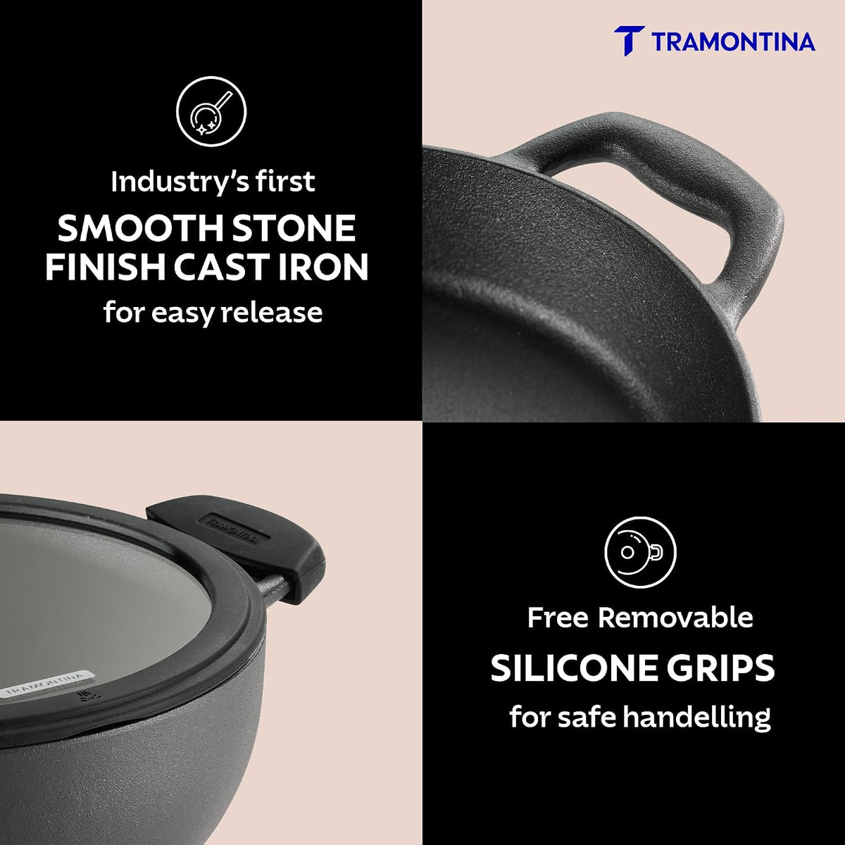 TRAMONTINA TITANEX 30cm / 6.8 L Pre-Seasoned Heritage Cast Iron Deep Kadai with Toughened Glass Lid | Snap-On Silicone Grips | Kadhai for Curry | Gas/Induction Cookware | Life-Time Warranty