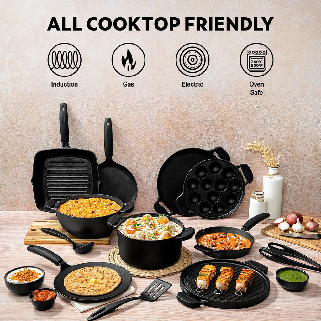 TRAMONTINA TITANEX 26cm Pre-Seasoned Cast Iron Concave Tawa | Tawa for Roti, Phulka, Paratha | Gas/Induction Compatible Cookware | Non-Slip Grip | Superior Heat Retention | Life-Time Warranty