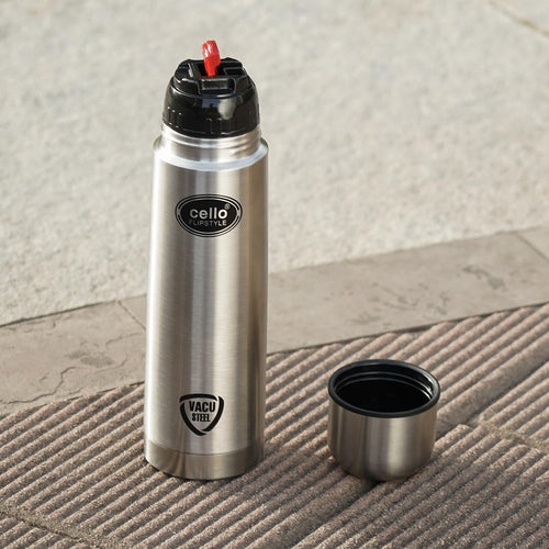 Cello Flipstyle Thermosteel Water Bottle with Jacket 750ml, Silver | 24 Hours Hot and Cold | Double Walled | Vacuum Insulated Flip Lid Flask Bottle | Perfect for Water, Tea, Coffee & Cold Beverages