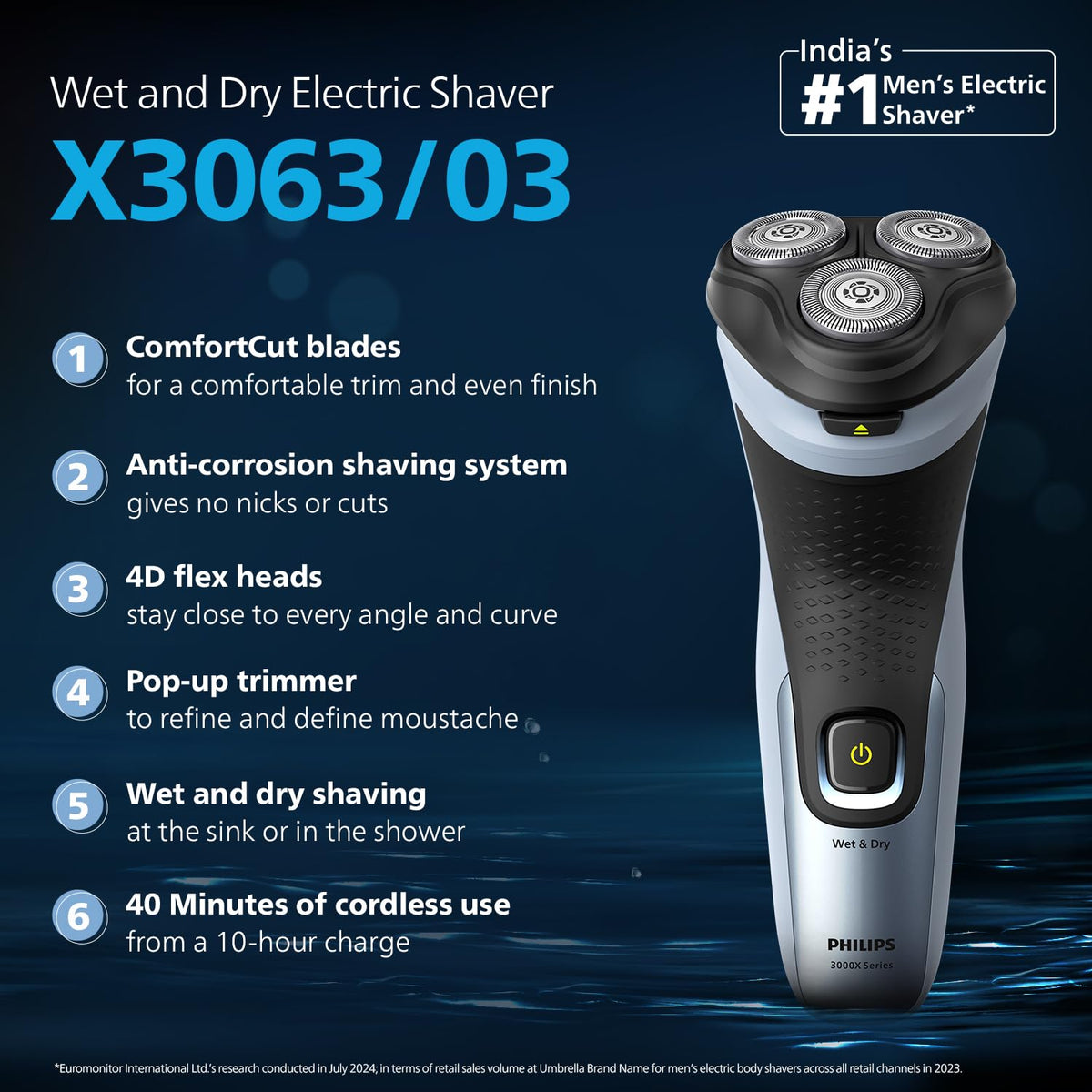 Philips World's No.1 Electric Shaver for Man|3D SkinProtect Flex Heads|Trimmer Pop-out|27 Self-Sharpening Blades|ComfortCut|100% Waterproof|45 Mins Runtime|2yr warranty|X3063/03