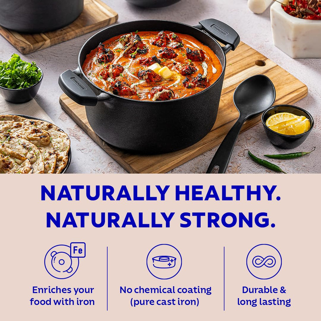 Tramontina TITANEX 20cm / 3.1L Pre-Seasoned Heritage Cast Iron Casserole with Toughened Glass Lid | Gas/Induction Compatible Biryani Pot | Stock Pot with Snap-On Silicone Grips | Life-Time Warranty