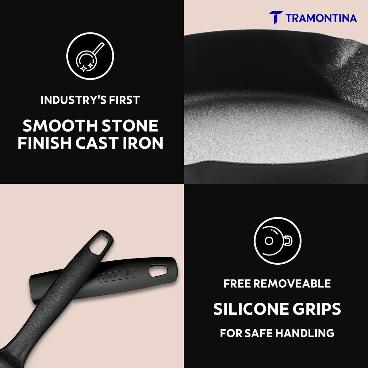 TRAMONTINA Titanex 22cm Cast Iron Fry Pan – Pre-Seasoned Skillet with Pour Spouts | Saute, Stir-Fry, Deep Fry, Sear & Bake | Gas & Induction Compatible | Natural Stone Finish.