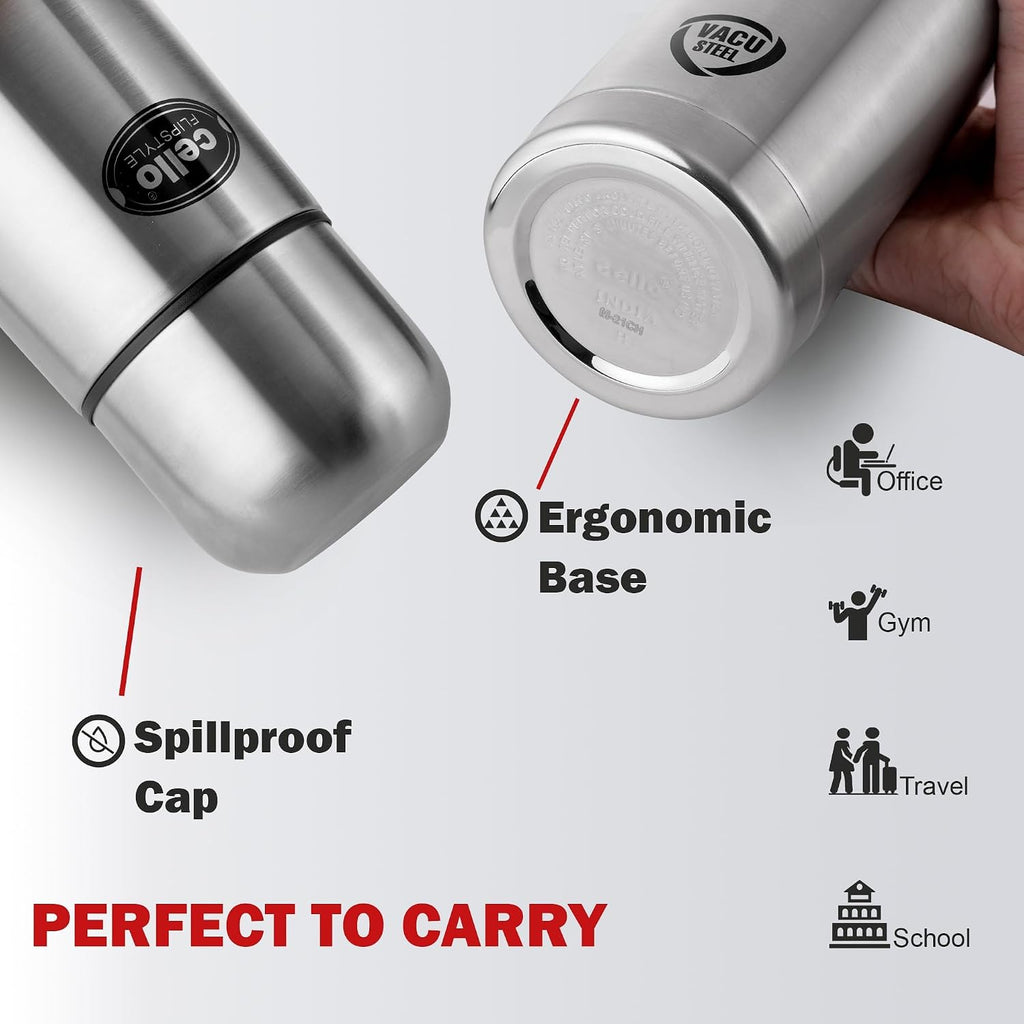 Cello Flipstyle Thermosteel Water Bottle with Jacket 750ml, Silver | 24 Hours Hot and Cold | Double Walled | Vacuum Insulated Flip Lid Flask Bottle | Perfect for Water, Tea, Coffee & Cold Beverages