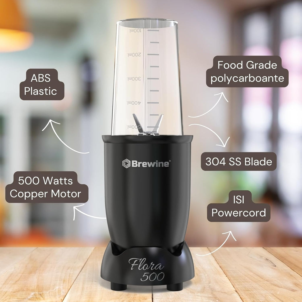 Brewine Flora 500 Nutri Blender | 500W Powerful Copper Motor | 3 Multipurpose Cups | 2-Year Warranty | Smoothies, Spices & Baby Food Maker (Black, 500 Watts Black)