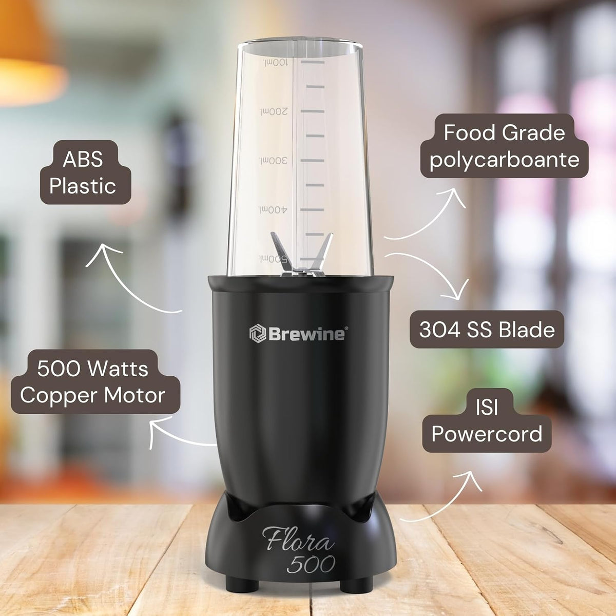 Brewine Flora 500 Nutri Blender | 500W Powerful Copper Motor | 3 Multipurpose Cups | 2-Year Warranty | Smoothies, Spices & Baby Food Maker (Black, 500 Watts Black)