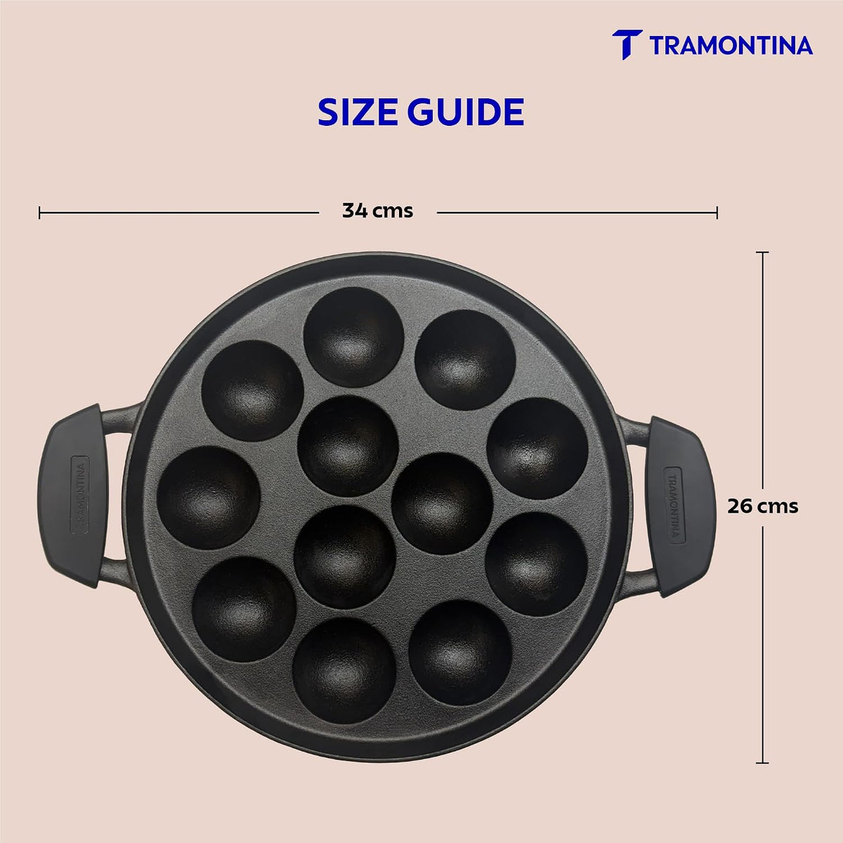 TRAMONTINA Titanex 26 cm Pre-Seasoned Cast Iron Paniyaram | Appe Pan – 12 Pits | Non-Toxic | Induction Ready | Toughned Glass Lid | Snap-on Cool Touch Grips | Superior Heat Retention.
