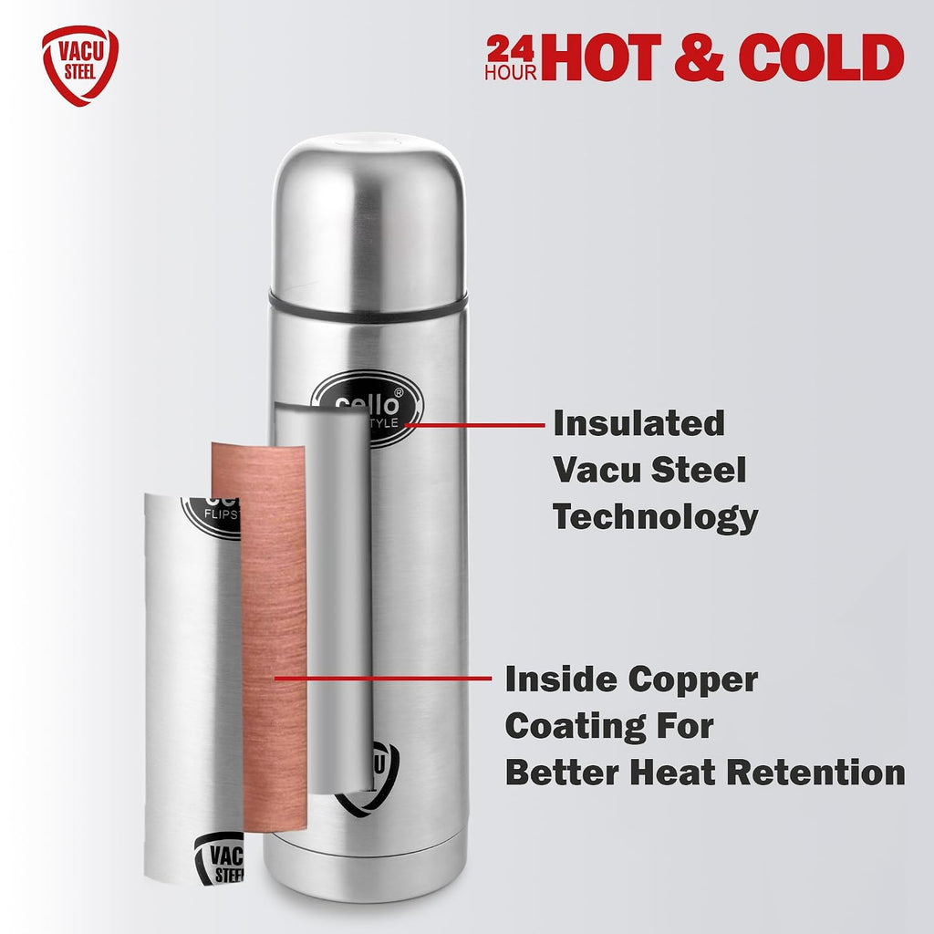 Cello Flipstyle Thermosteel Water Bottle with Jacket 750ml, Silver | 24 Hours Hot and Cold | Double Walled | Vacuum Insulated Flip Lid Flask Bottle | Perfect for Water, Tea, Coffee & Cold Beverages