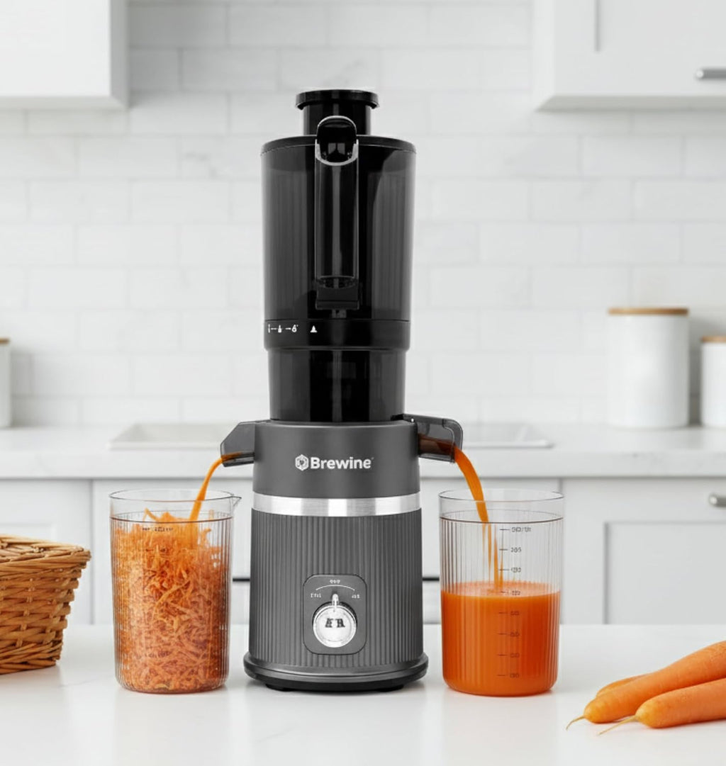 Brewine Cold Press Slow Juicer | 60 RPM High Nutrition Extraction | Wide Feeder | Reverse Function | Easy Clean Design | For Fruits & Vegetables
