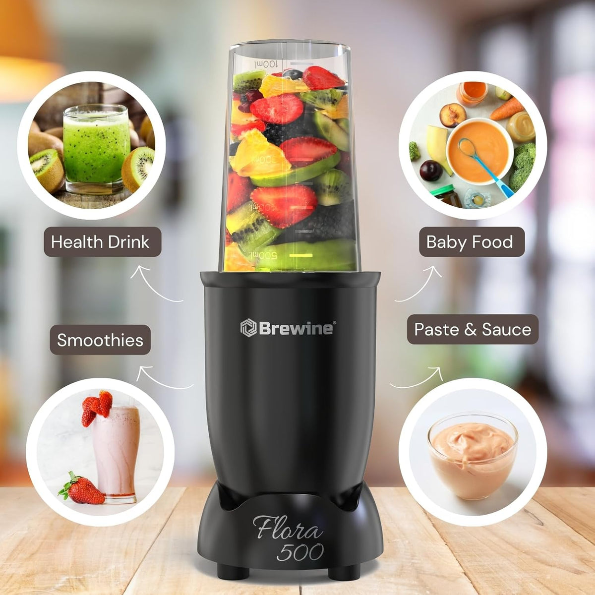 Brewine Flora 500 Nutri Blender | 500W Powerful Copper Motor | 3 Multipurpose Cups | 2-Year Warranty | Smoothies, Spices & Baby Food Maker (Black, 500 Watts Black)