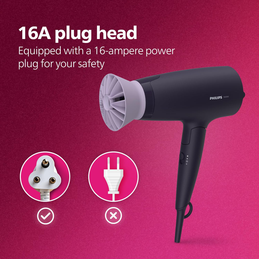 Philips India's No.1 Hair Styling Brand - Foldable Hair Dryer 2100W, 6 HeatxSpeed Settings Cool Shot Advanced Ionic Care Frizz-Free Shine, ThermoProtect Airflower Attachment, For Indian Hair, BHD356