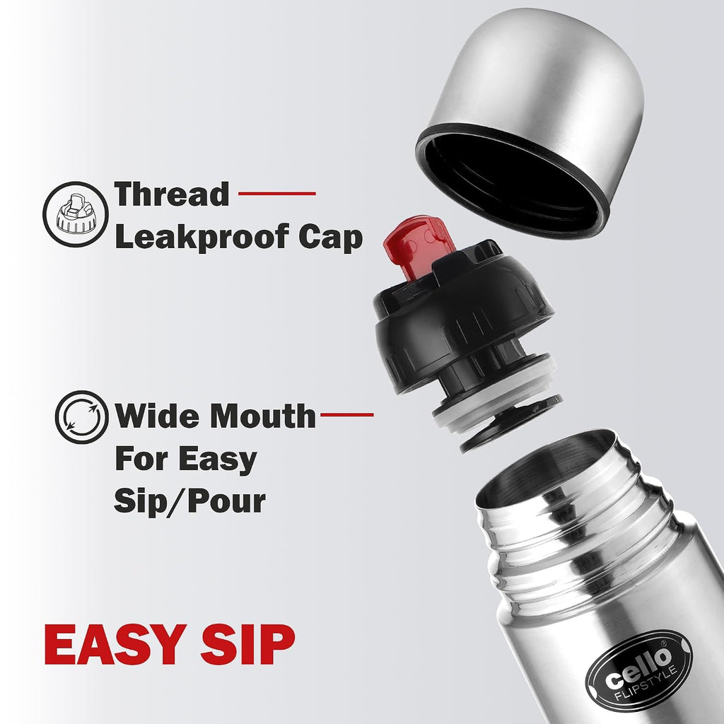 Cello Flipstyle Thermosteel Water Bottle with Jacket 750ml, Silver | 24 Hours Hot and Cold | Double Walled | Vacuum Insulated Flip Lid Flask Bottle | Perfect for Water, Tea, Coffee & Cold Beverages