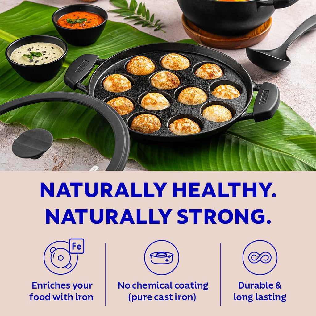 TRAMONTINA Titanex 26 cm Pre-Seasoned Cast Iron Paniyaram | Appe Pan – 12 Pits | Non-Toxic | Induction Ready | Toughned Glass Lid | Snap-on Cool Touch Grips | Superior Heat Retention.