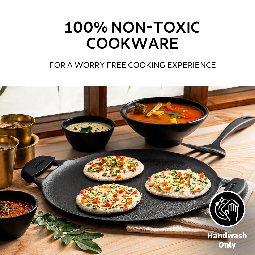 TRAMONTINA TITANEX 30cm Cast Iron Dosa Tawa | Pre-Seasoned Flat Tawa with Raised Edges | Dual Side Handles | Gas & Induction Compatible | for Dosa, Uttapam, Paratha.