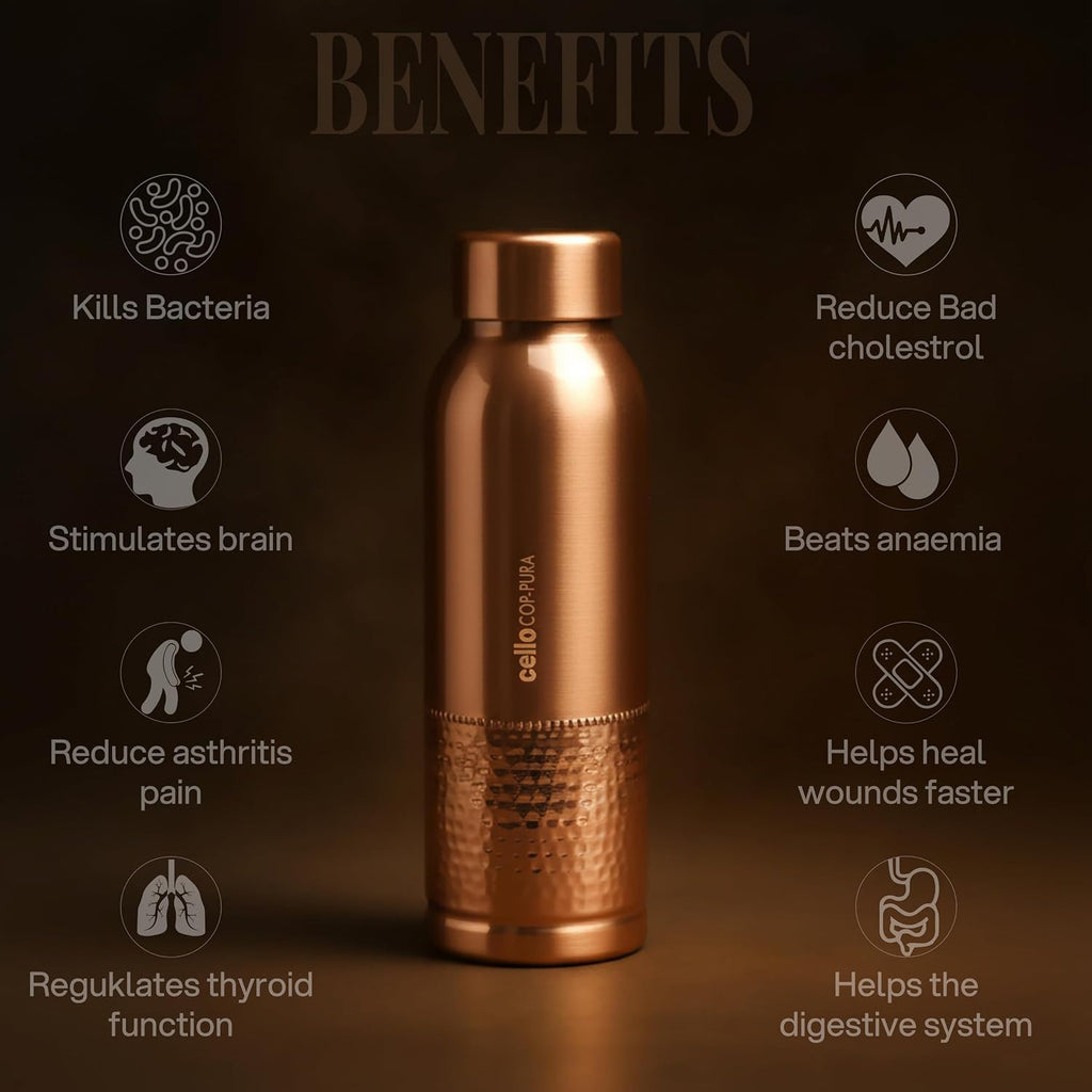 CELLO Megha Copper Water Bottle For Daily & Office Use 1000 ml | Leakproof & Rustproof ISI Certified Single Wall 100% Pure Copper Promotes Immunity, Improve Digestion & Supports Healthy Living