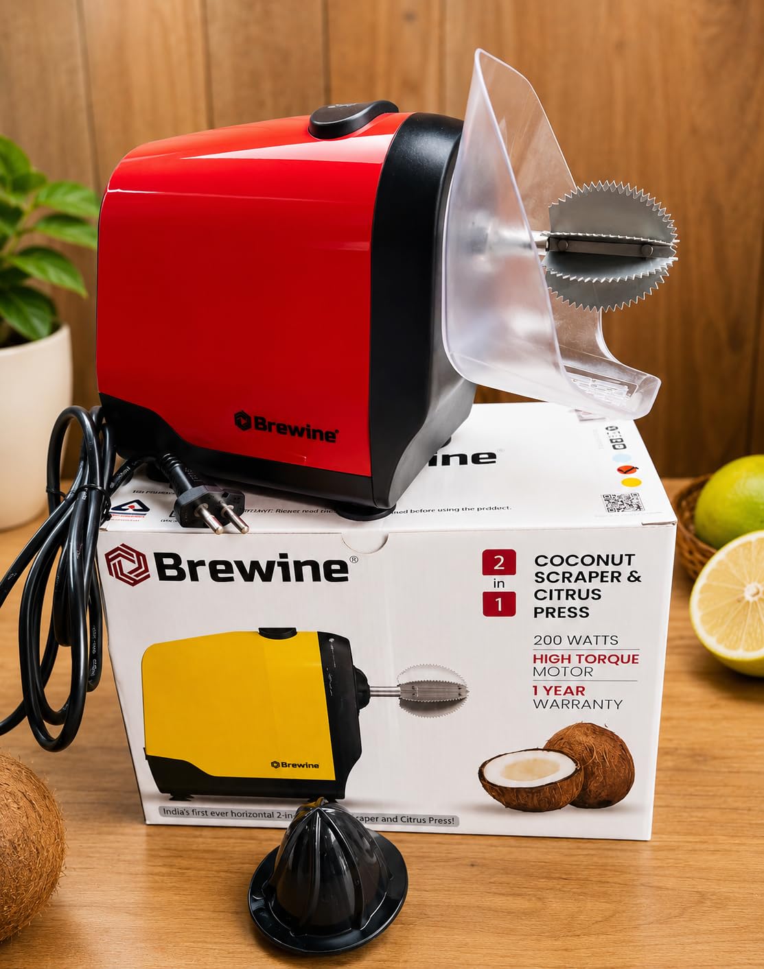 Brewine 2-in-1 Coconut Scraper & Citrus Juicer with Dual Speed Settings, Cooling Fan for Ventilation, Stainless Steel Scraping Blade, Splash Guard, Super Suction Feet for Stability, Red, 200 Watts