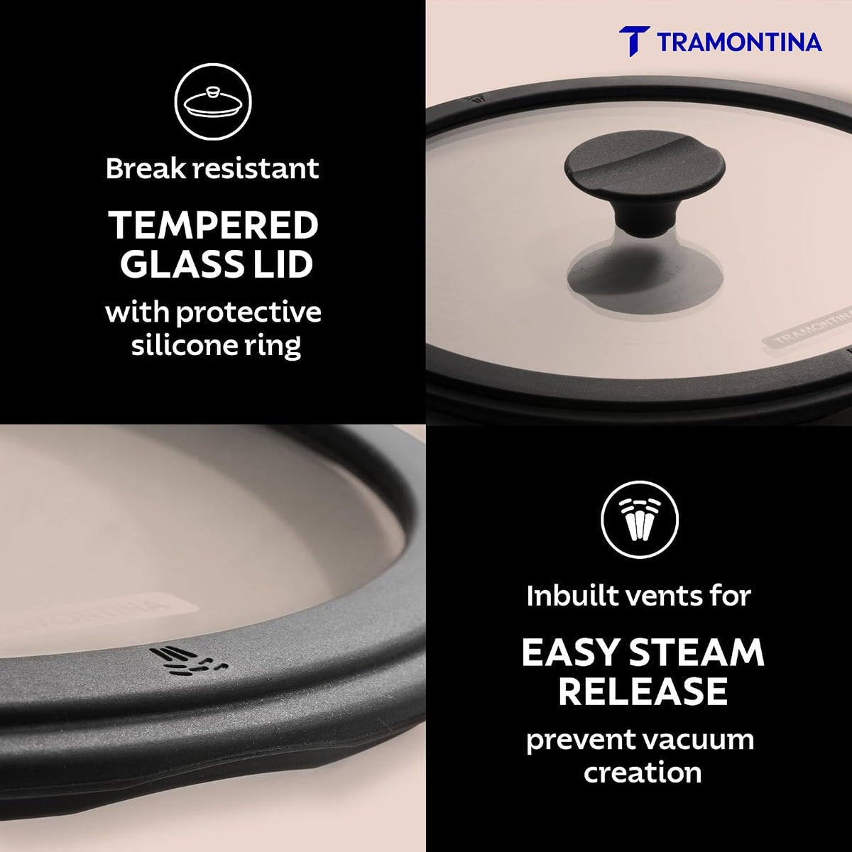 TRAMONTINA TITANEX 30cm / 6.8 L Pre-Seasoned Heritage Cast Iron Deep Kadai with Toughened Glass Lid | Snap-On Silicone Grips | Kadhai for Curry | Gas/Induction Cookware | Life-Time Warranty