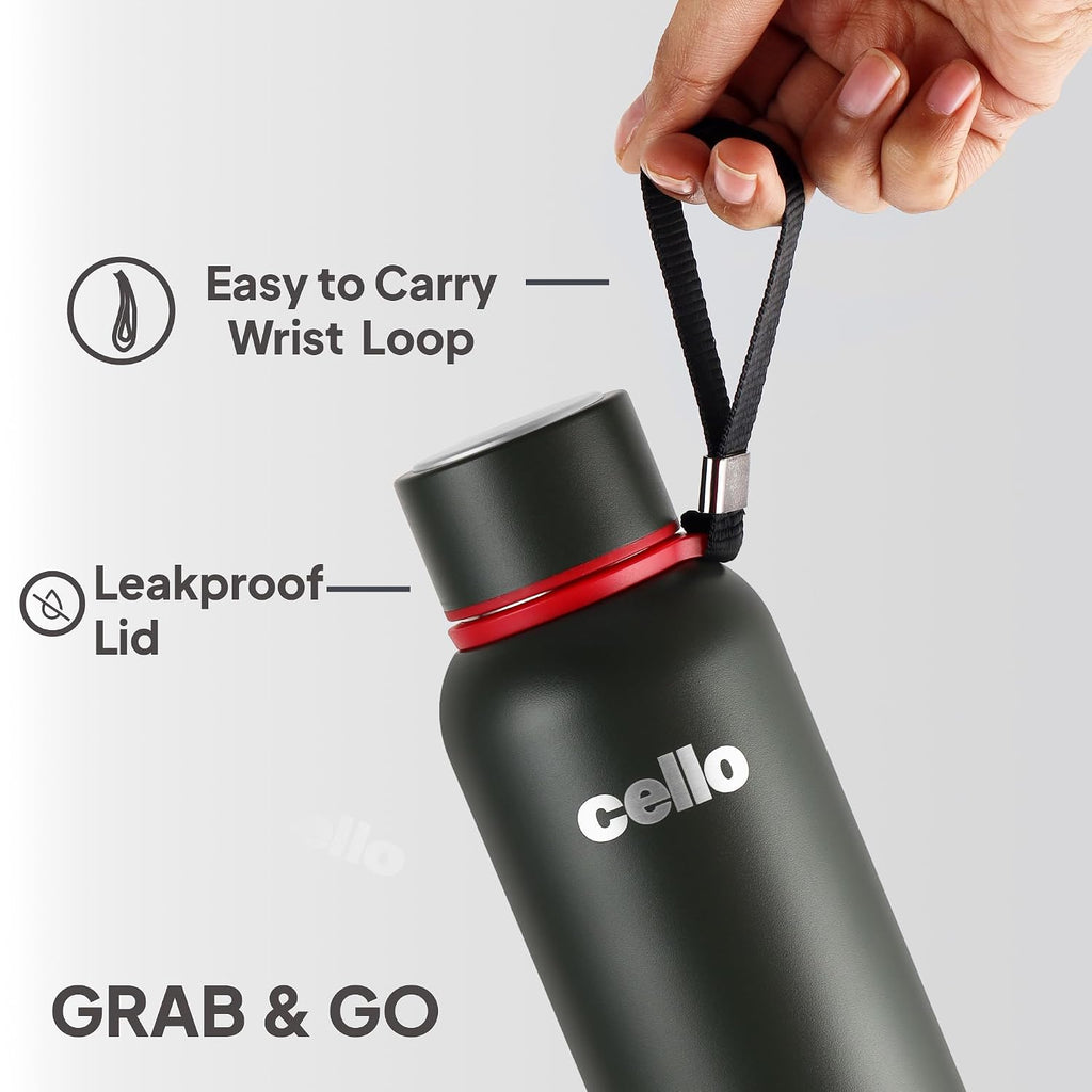 CELLO Duro Kent Stainless Steel Hot and Cold Water Bottle 900 ml Military Green | ISI Certified Spillproof Leakproof Double Wall Vacuum Insulated Thermos Flask Water Bottle for Home Office Gym Travel