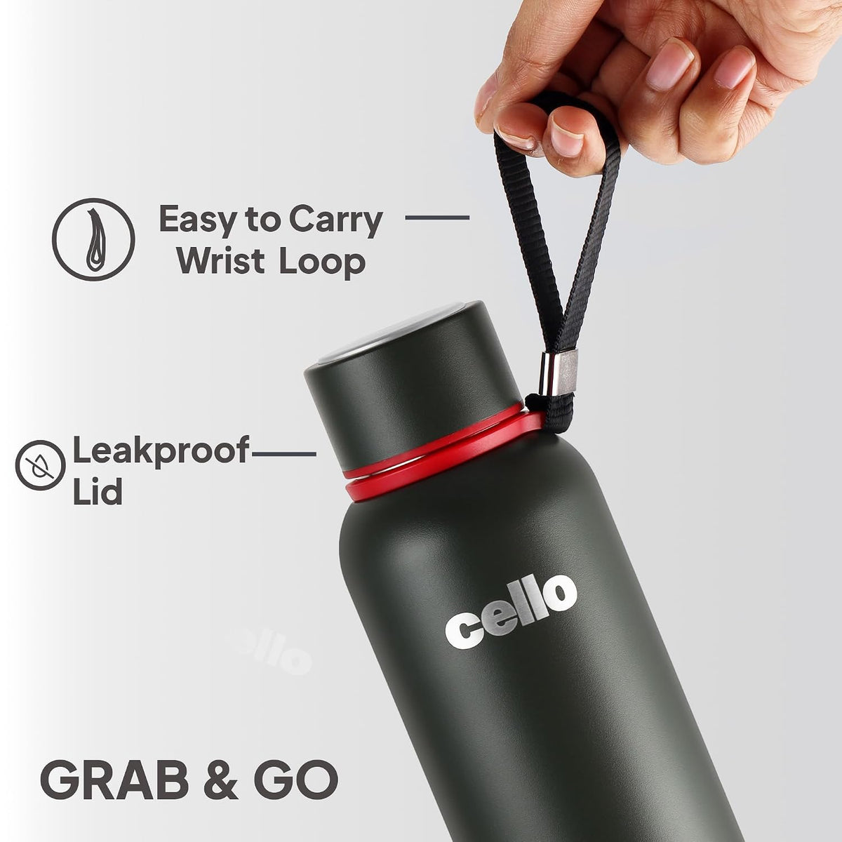 CELLO Duro Kent Stainless Steel Hot and Cold Water Bottle 900 ml Military Green | ISI Certified Spillproof Leakproof Double Wall Vacuum Insulated Thermos Flask Water Bottle for Home Office Gym Travel