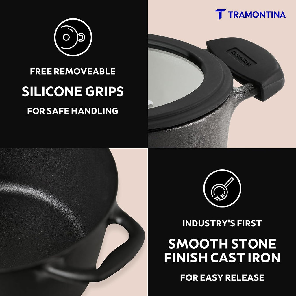 Tramontina TITANEX 20cm / 3.1L Pre-Seasoned Heritage Cast Iron Casserole with Toughened Glass Lid | Gas/Induction Compatible Biryani Pot | Stock Pot with Snap-On Silicone Grips | Life-Time Warranty