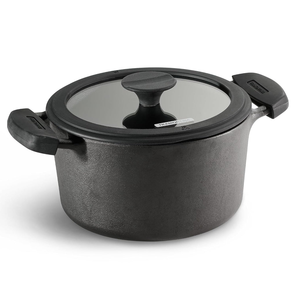 Tramontina TITANEX 24cm/4.9L Pre-Seasoned Heritage Cast Iron Casserole with Toughened Glass Lid | Gas/Induction Compatible Biryani Pot | Stock Pot with Snap-On Silicone Grips | Life-Time Warranty*