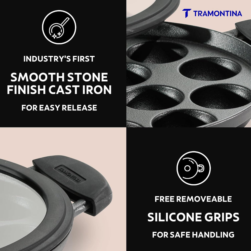 TRAMONTINA Titanex 26 cm Pre-Seasoned Cast Iron Paniyaram | Appe Pan – 12 Pits | Non-Toxic | Induction Ready | Toughned Glass Lid | Snap-on Cool Touch Grips | Superior Heat Retention.