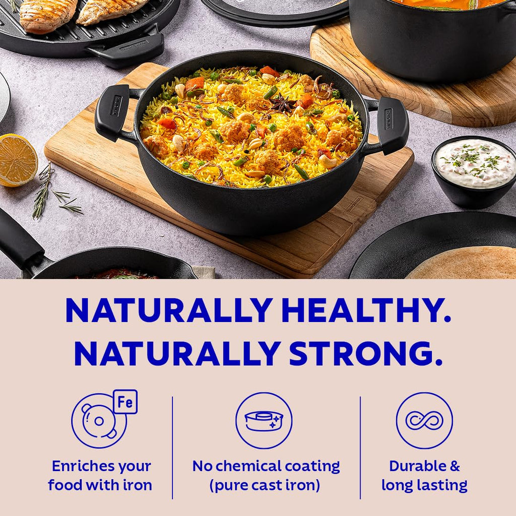 TRAMONTINA TITANEX 30cm / 6.8 L Pre-Seasoned Heritage Cast Iron Deep Kadai with Toughened Glass Lid | Snap-On Silicone Grips | Kadhai for Curry | Gas/Induction Cookware | Life-Time Warranty