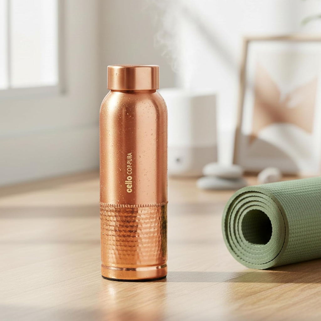 CELLO Megha Copper Water Bottle For Daily & Office Use 1000 ml | Leakproof & Rustproof ISI Certified Single Wall 100% Pure Copper Promotes Immunity, Improve Digestion & Supports Healthy Living