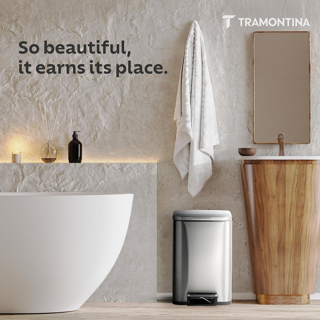 TRAMONTINA 20 Litre Stainless Steel Step Dustbin | Fingerprint-Resistant Finish | Soft-Close Lid | Removable Inner Bucket | Square Trash Can for Home, Office & Hospitality