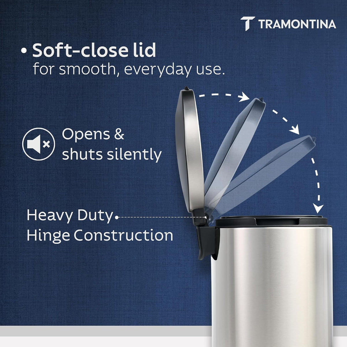 TRAMONTINA 11 Litre Stainless Steel Step Dustbin | Fingerprint-Resistant Finish | Soft-Close Lid | Removable Inner Bucket | Round Trash Can for Home, Office & Hospitality