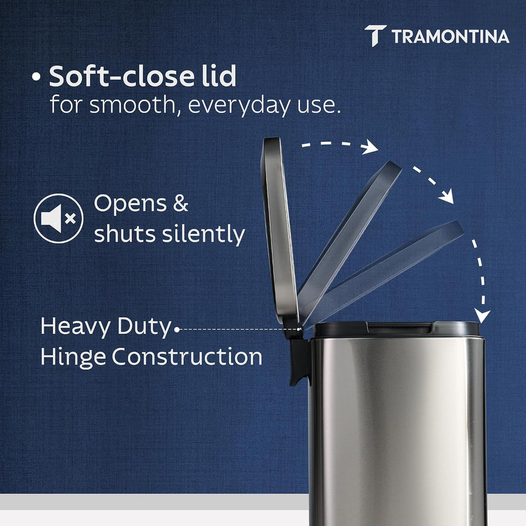 TRAMONTINA 20 Litre Stainless Steel Step Dustbin | Fingerprint-Resistant Finish | Soft-Close Lid | Removable Inner Bucket | Square Trash Can for Home, Office & Hospitality