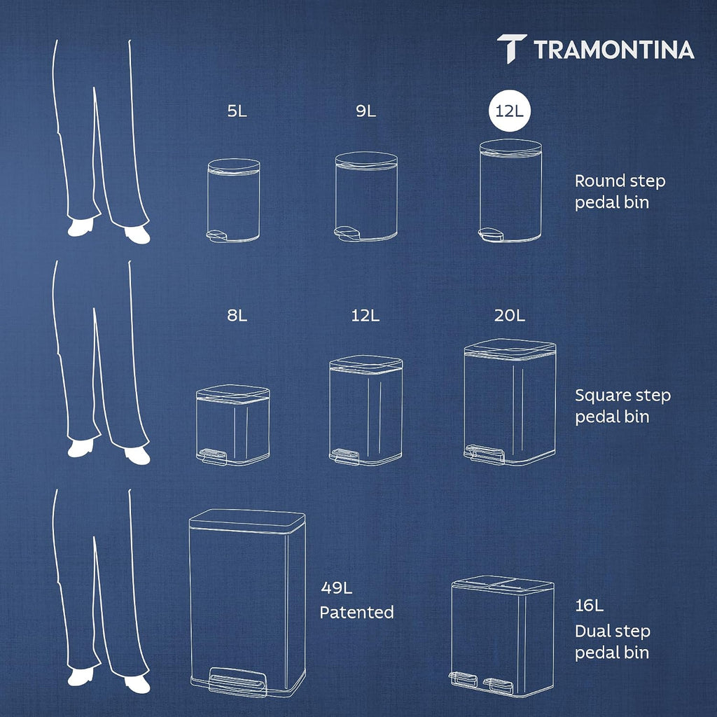 TRAMONTINA 11 Litre Stainless Steel Step Dustbin | Fingerprint-Resistant Finish | Soft-Close Lid | Removable Inner Bucket | Round Trash Can for Home, Office & Hospitality