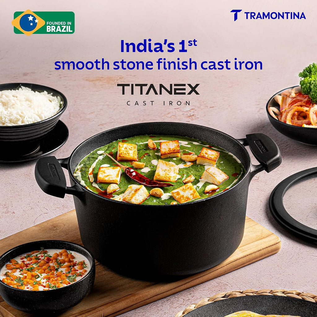 Tramontina TITANEX 20cm / 3.1L Pre-Seasoned Heritage Cast Iron Casserole with Toughened Glass Lid | Gas/Induction Compatible Biryani Pot | Stock Pot with Snap-On Silicone Grips | Life-Time Warranty
