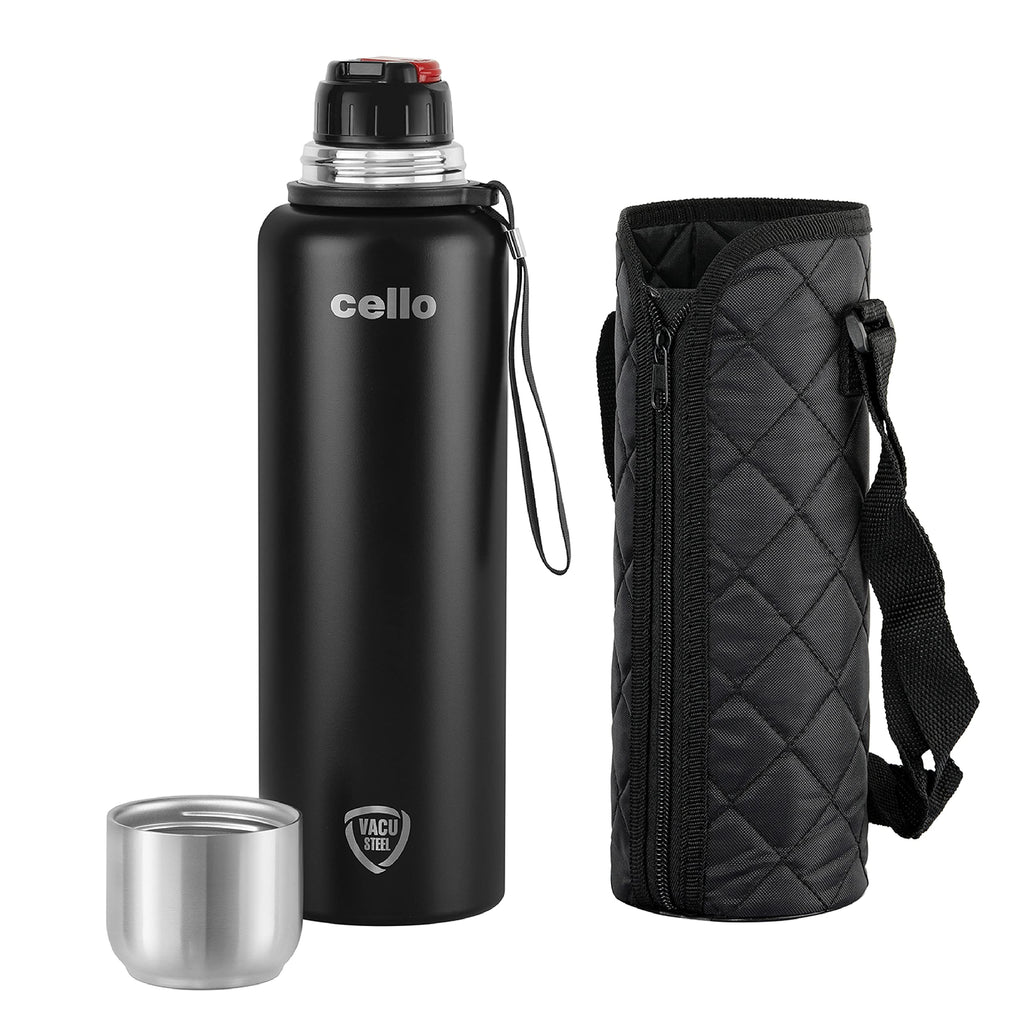 CELLO Duro Flip Stainless Steel Hot & Cold Flip Lid Flask with Jacket 1000 ml Black | Double Wall Vacuum Insulated Rust & Scratch Resistant Leakproof Thermosteel Flask Water Bottle For Office & Travel