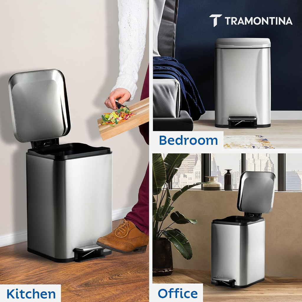 TRAMONTINA 20 Litre Stainless Steel Step Dustbin | Fingerprint-Resistant Finish | Soft-Close Lid | Removable Inner Bucket | Square Trash Can for Home, Office & Hospitality