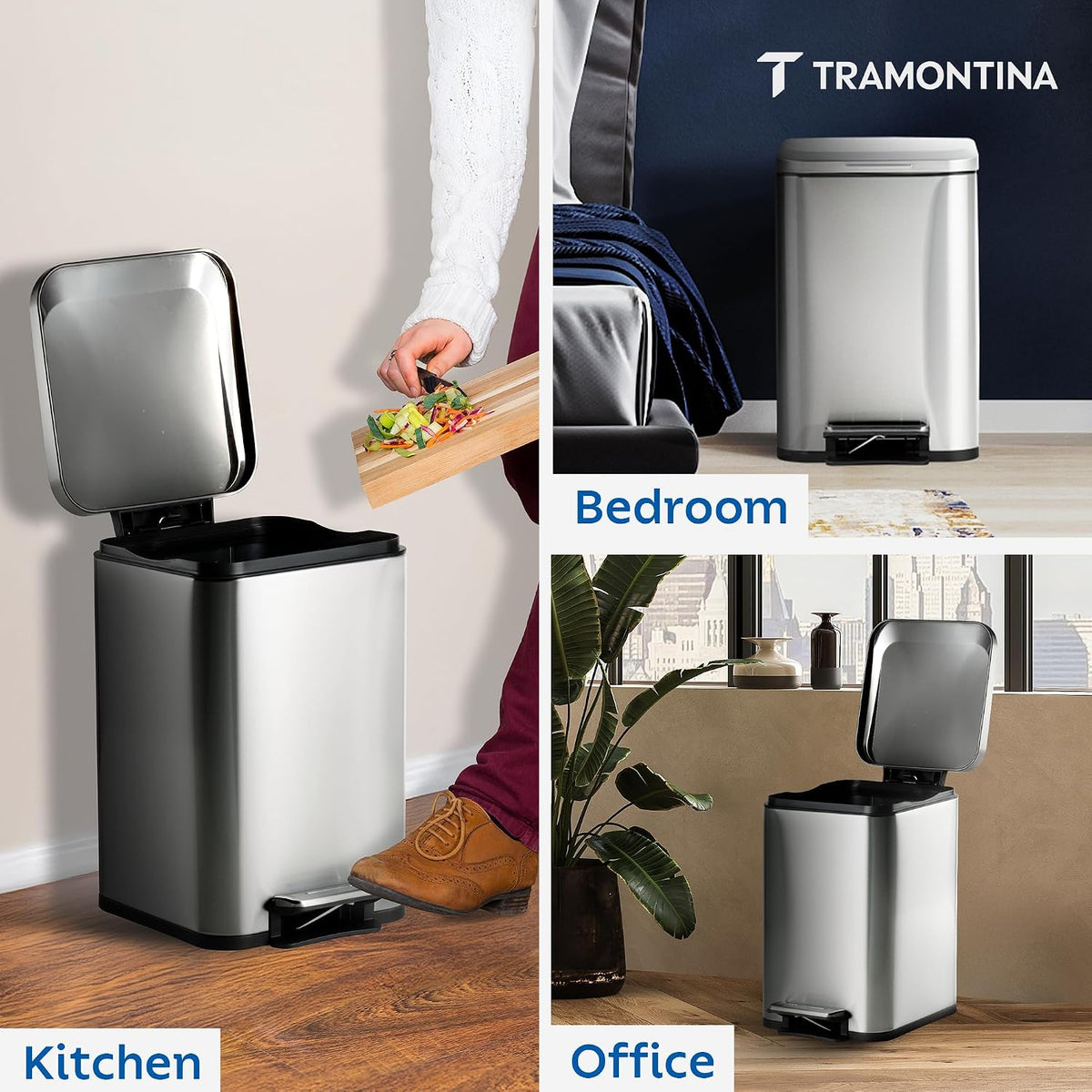 TRAMONTINA 20 Litre Stainless Steel Step Dustbin | Fingerprint-Resistant Finish | Soft-Close Lid | Removable Inner Bucket | Square Trash Can for Home, Office & Hospitality