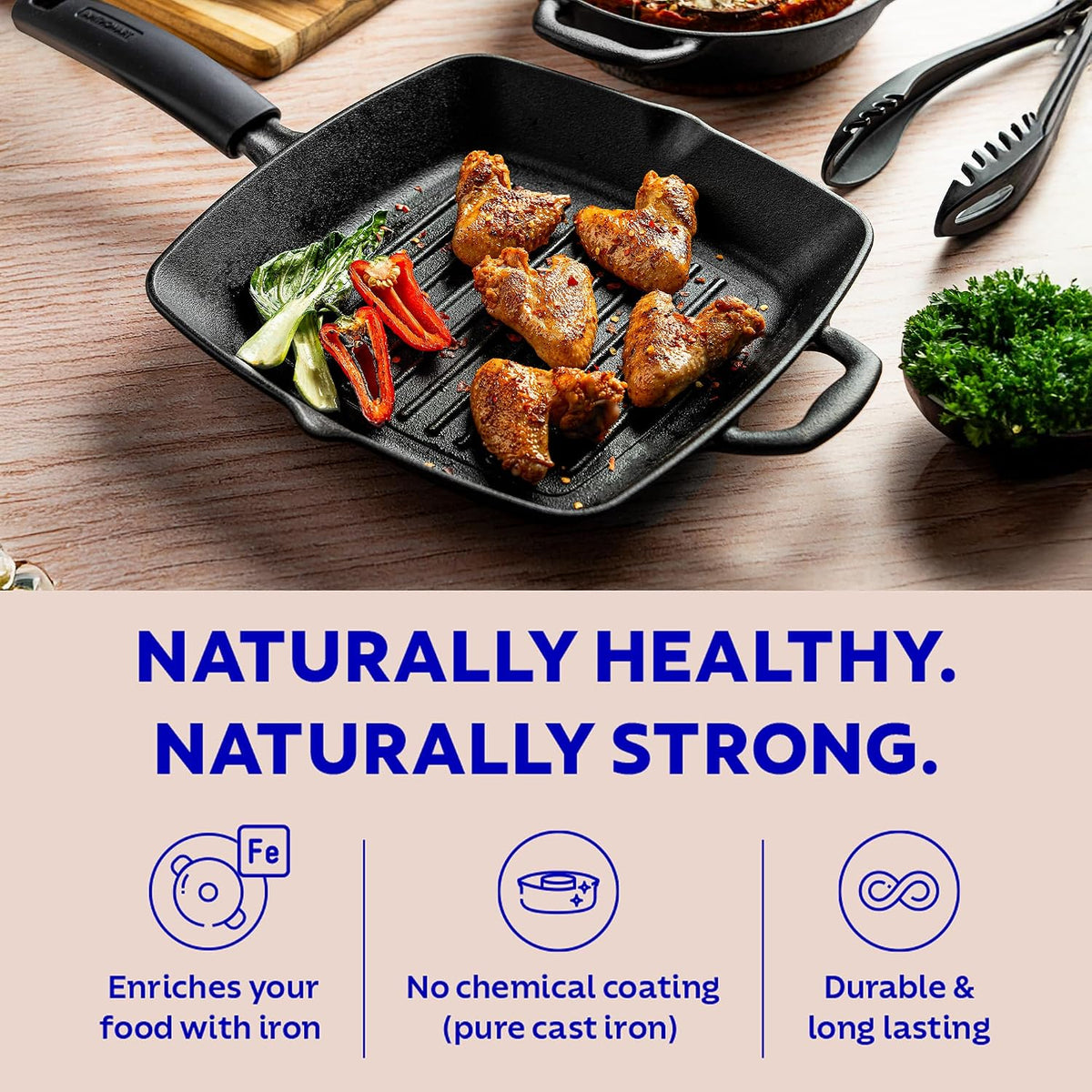 Tramontina Titanex 27 cm Pre-Seasoned Cast Iron Grill Pan, Non-Toxic, Induction Ready, Easy Hold Non-Slip Heat-Resistant Grip, Deep Ridges for Enhanced Texture & Fat Release, Spouts for Easy Deglazing