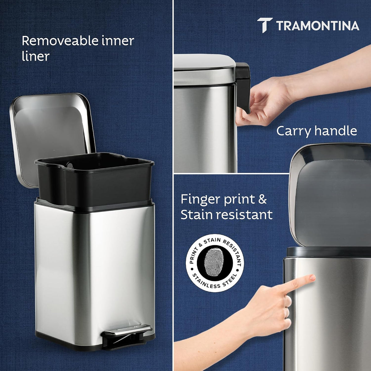 TRAMONTINA 20 Litre Stainless Steel Step Dustbin | Fingerprint-Resistant Finish | Soft-Close Lid | Removable Inner Bucket | Square Trash Can for Home, Office & Hospitality