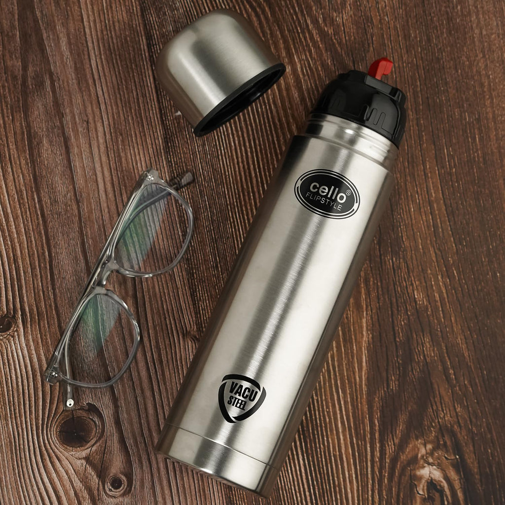 Cello Flipstyle Thermosteel Water Bottle with Jacket 750ml, Silver | 24 Hours Hot and Cold | Double Walled | Vacuum Insulated Flip Lid Flask Bottle | Perfect for Water, Tea, Coffee & Cold Beverages