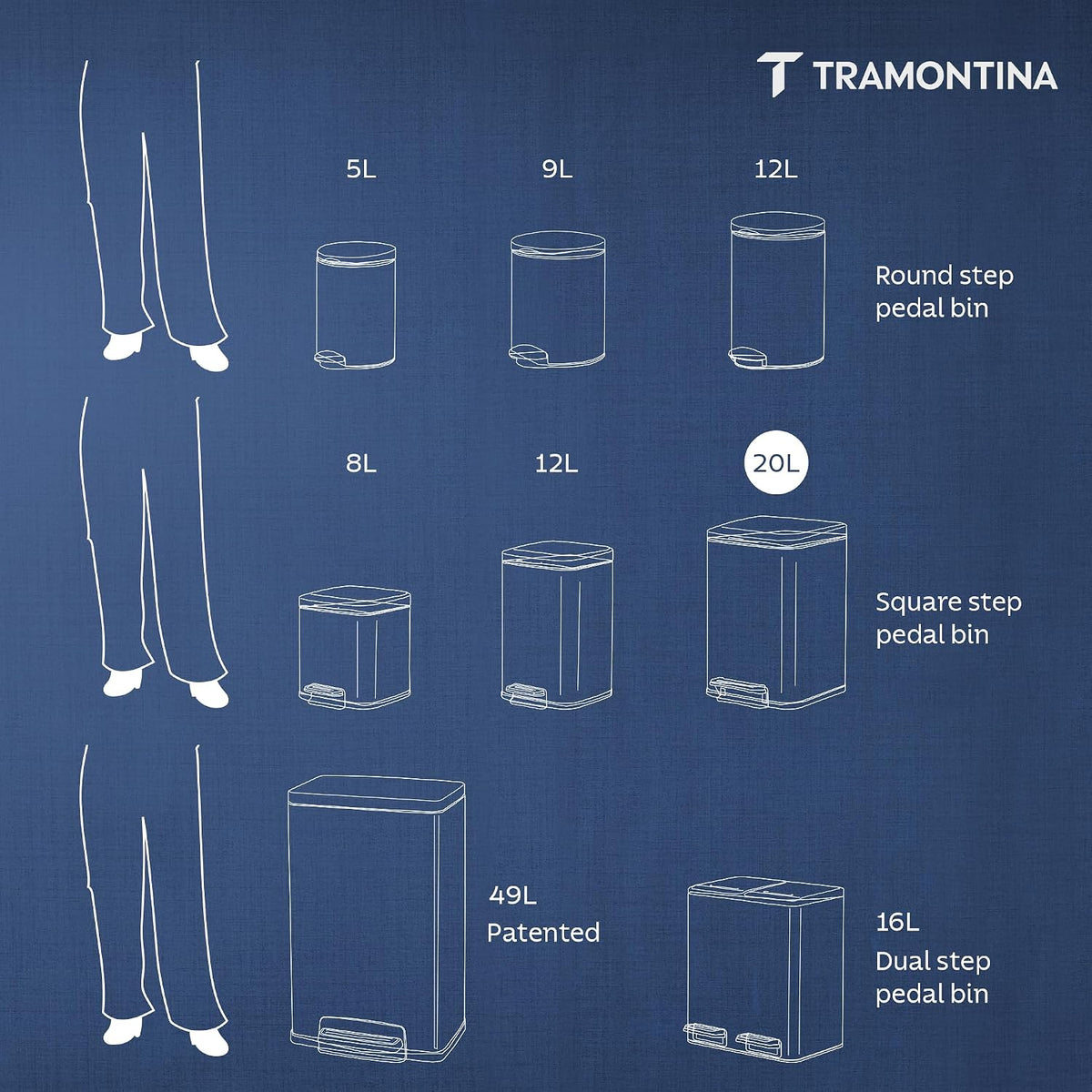 TRAMONTINA 20 Litre Stainless Steel Step Dustbin | Fingerprint-Resistant Finish | Soft-Close Lid | Removable Inner Bucket | Square Trash Can for Home, Office & Hospitality