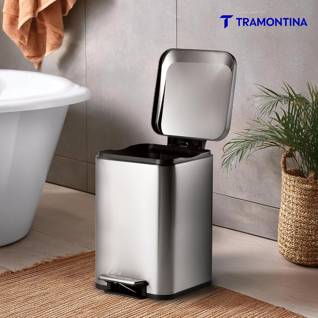 TRAMONTINA 20 Litre Stainless Steel Step Dustbin | Fingerprint-Resistant Finish | Soft-Close Lid | Removable Inner Bucket | Square Trash Can for Home, Office & Hospitality