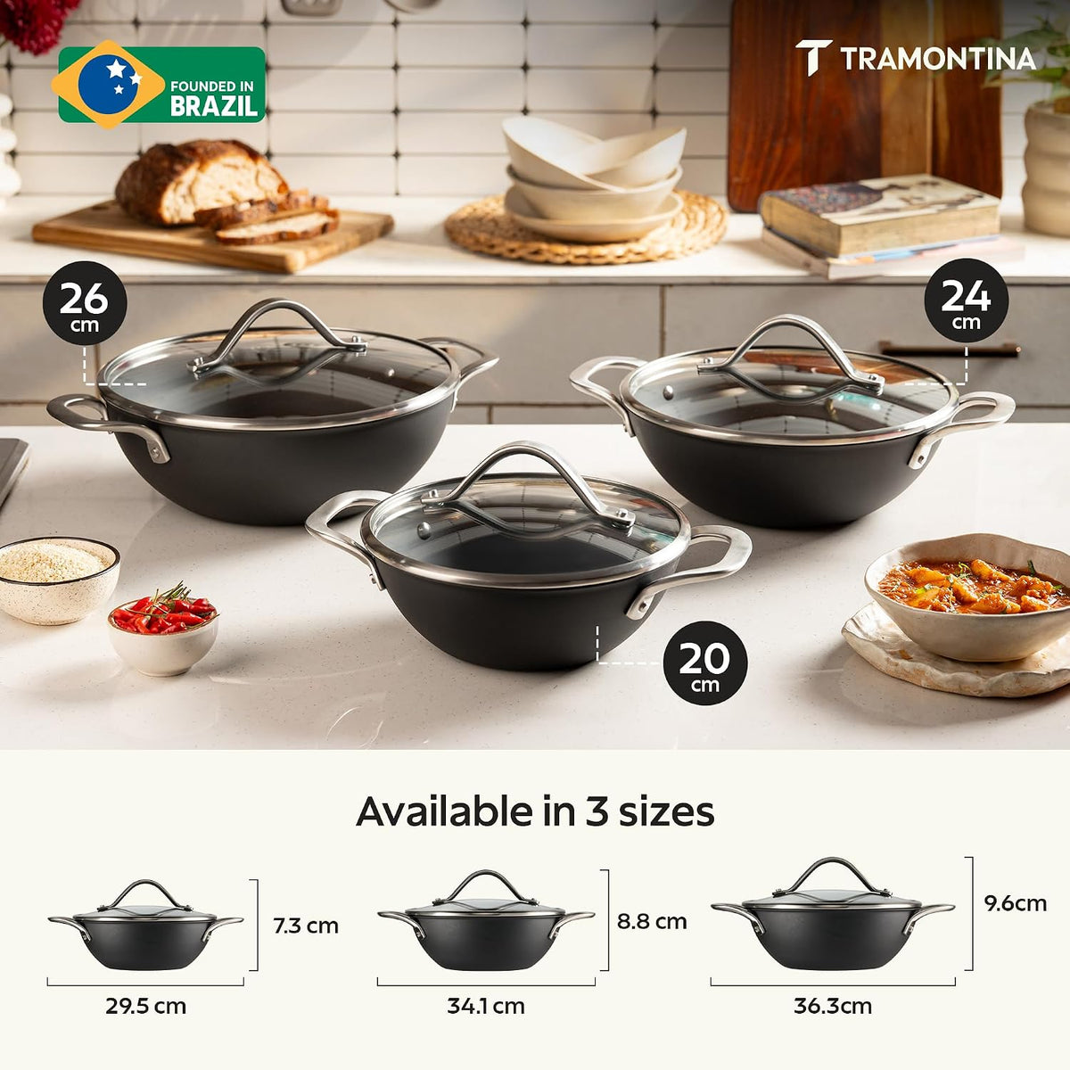 TRAMONTINA Heritage Iron Kadai with Lid 20 cm 1.7 L | Black