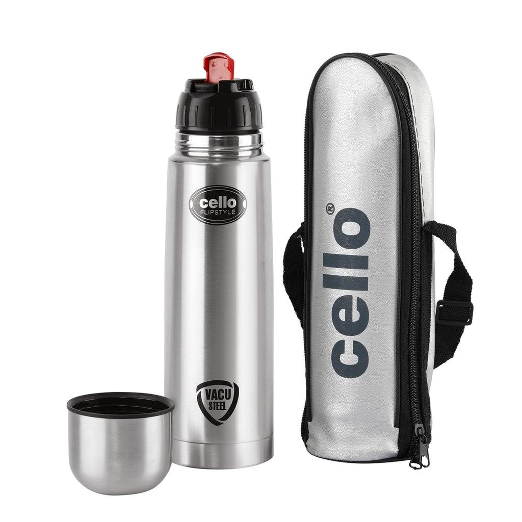 Cello Flipstyle Thermosteel Water Bottle with Jacket 750ml, Silver | 24 Hours Hot and Cold | Double Walled | Vacuum Insulated Flip Lid Flask Bottle | Perfect for Water, Tea, Coffee & Cold Beverages