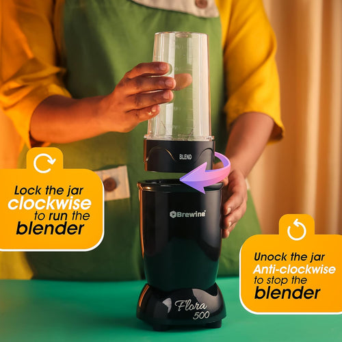 Brewine Flora 500 Nutri Blender | 500W Powerful Copper Motor | 3 Multipurpose Cups | 2-Year Warranty | Smoothies, Spices & Baby Food Maker (Black, 500 Watts Black)