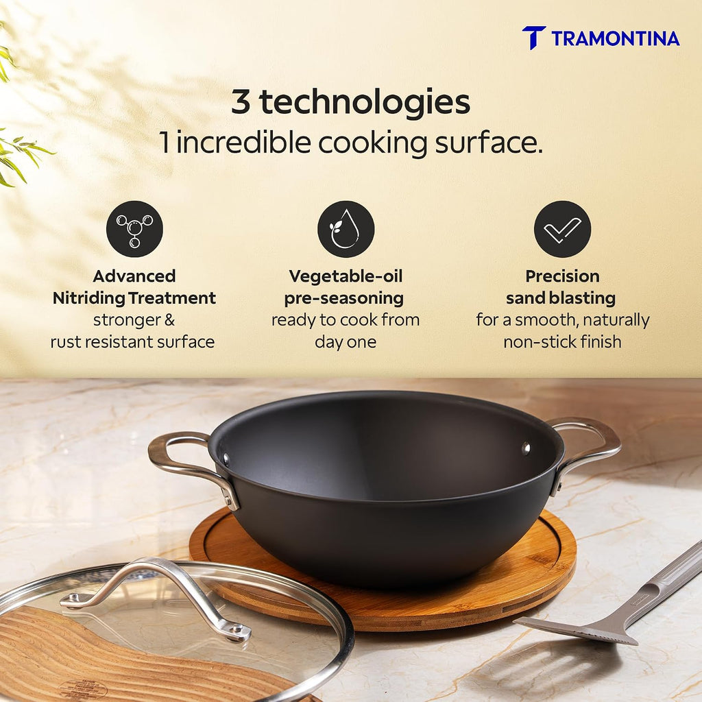 TRAMONTINA Heritage Iron Kadai with Lid 20 cm 1.7 L | Black