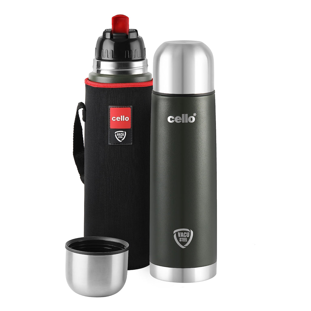 CELLO Duro Flip Stainless Steel Hot & Cold Flip Lid Flask with Jacket 1000 ml Black | Double Wall Vacuum Insulated Rust & Scratch Resistant Leakproof Thermosteel Flask Water Bottle For Office & Travel